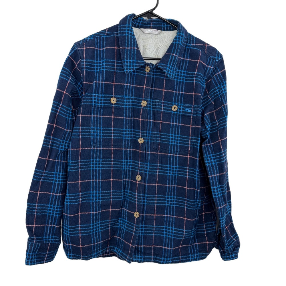 Stio Womens Hutkeeper Flannel Shirt Large Blue Mountain Shadow Plaid Button Up